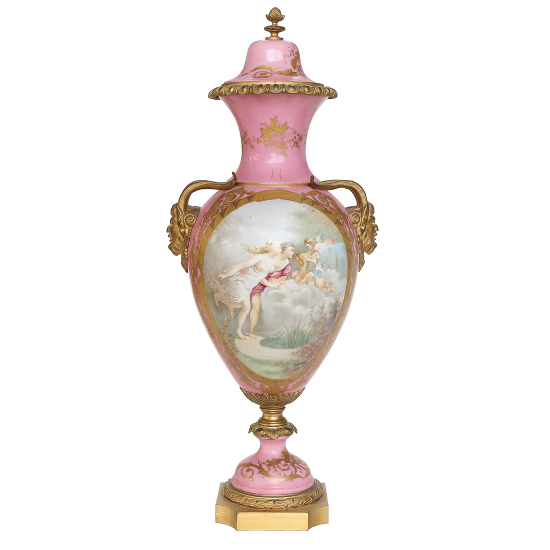19th C. French Sevres Porcelain Gilt Bronze Mounted Urn: 19th C. French Sevres Porcelain Gilt Bronze Mounted Urn, Having Pale Pink Ground, Lid Having Gold Floral and Vine Decorations Along with Pine Cone Gilt Bronze Mounted Finial, Double Gilt Bronze Mounte