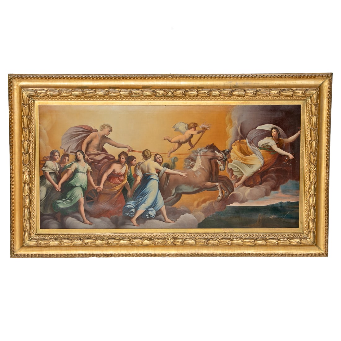 Late 19th C. Neoclassical Roman Scene, Oil on Canvas: Late 19th C. Neoclassical Roman Scene, Oil on Canvas, F. Renzi, Via Margulla, No 76 Written on Back, Depicting Roman Man in Chariot Led by Horses, Surrounded by Robed Females, All Walking on Clouds, P