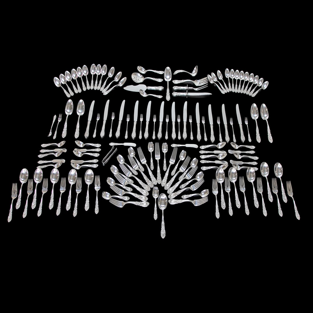International Silver Company Sterling Silver Flatware, in Richelieu Pattern: International Silver Company Sterling Silver Flatware, in Richelieu Pattern, One Hundred Thirty-Three (133) Total Pieces, Includes Twelve Dinner Knives, 9.5" High, 1" Wide; Twelve Dinner Forks, 7.5" H