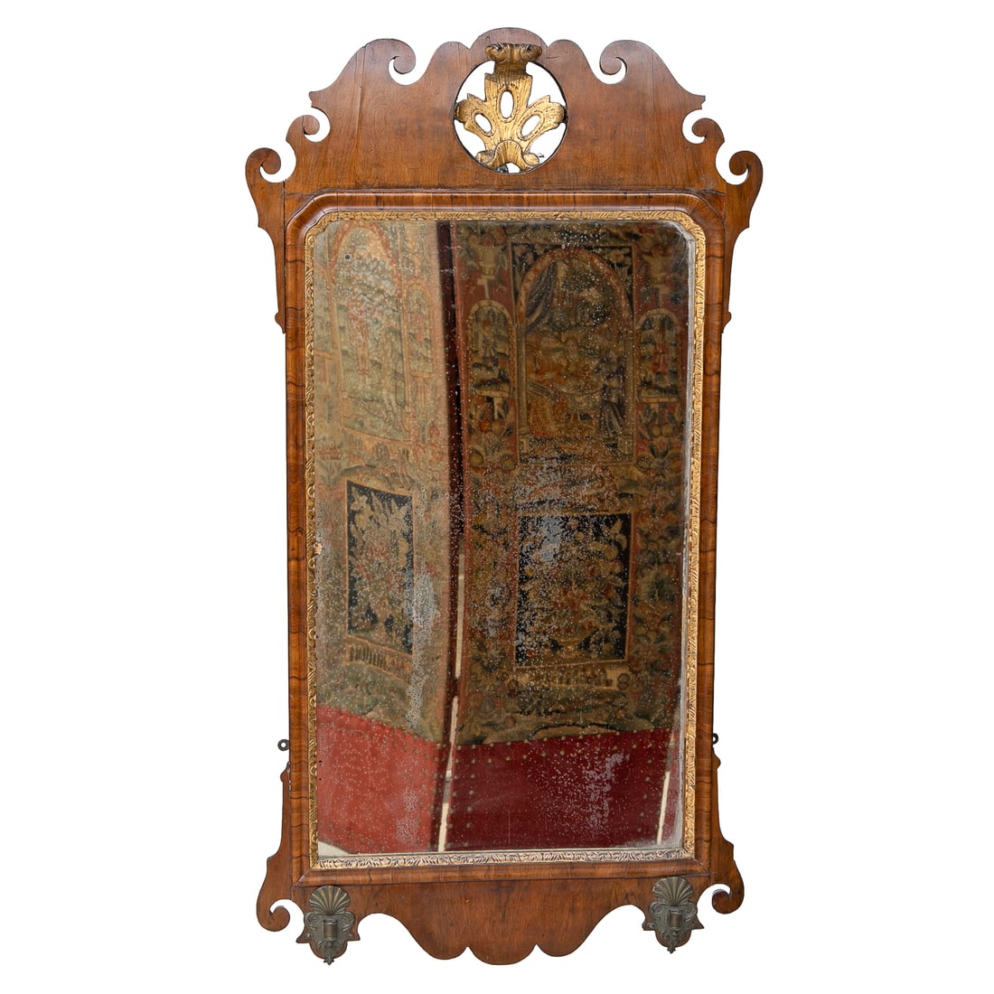 Late 18th/Early 19th C. English Walnut George I Style Wall Mirror: Late 18th/Early 19th C. English Walnut George I Style Wall Mirror, Having Shaped Top Featuring Carved Gilt Shell Center, Cross Banded Edge, Gilt Interior Border, Shaped Bottom, Brass Mounted Candle Ar