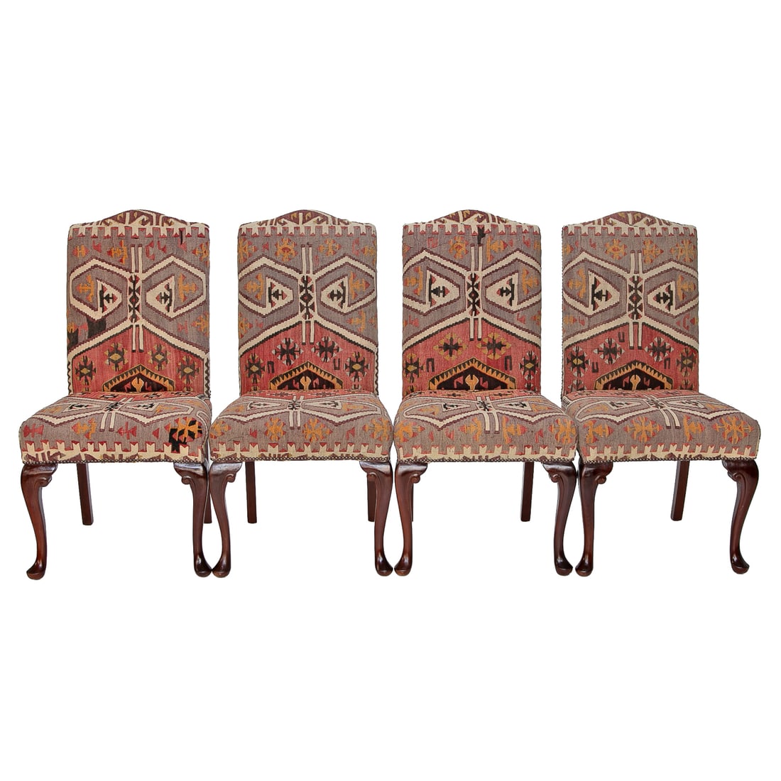 Late 19th C. English Mahogany Queen Anne Style Side Chairs, Four Total: Late 19th C. English Mahogany Queen Anne Style Side Chairs, Four Total, Having Shaped Top Rail, Resting on Cabriole Legs Featuring Scroll Carvings, Terminating in Pad Feet, Upholstered in Kilim Rug Fa