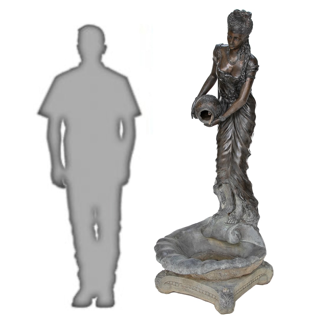 Bronze Garden Fountain: Bronze Garden Fountain, Female in Dress, Hair Down, Wearing Sandals. Holding Decorative Water Jug, Standing in Shell Form Basin, Terminating in Square Base Featuring Bead Designs and Leaf Form Corners