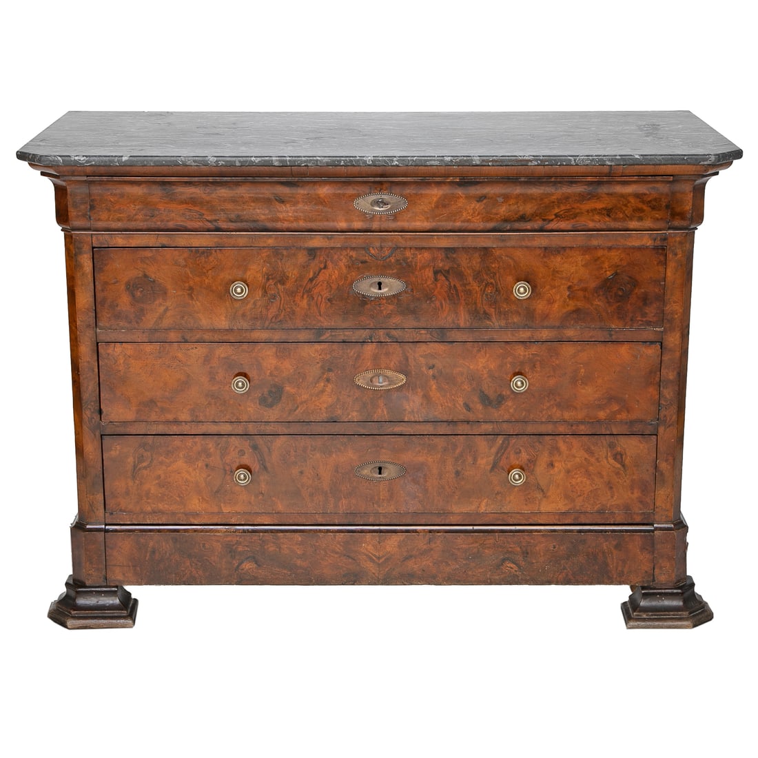 19th C. French Burl Walnut Louis Philippe Style Marble Top Chest (1 of 10)