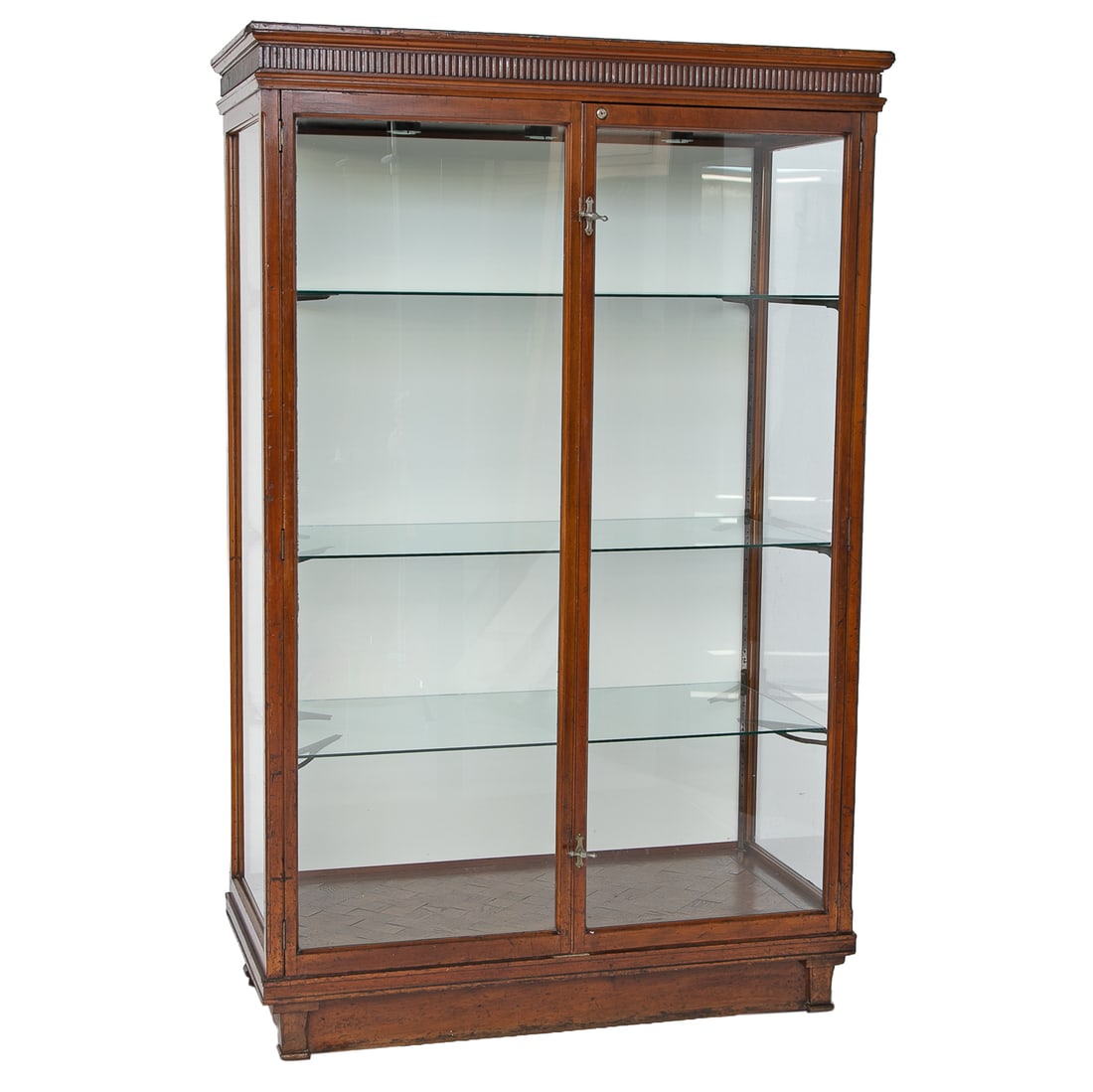 Antique Harris & Sheldon, Glascow, Scottish Mahogany and Glass Display Cabinet: Antique Harris & Sheldon, Glascow, Scottish Mahogany and Glass Display Cabinet, Having Molded and Fluted Cornice, Glass Front and Sides, Interior Reveals Three Adjustable Glass Shelves, Diamond Patter