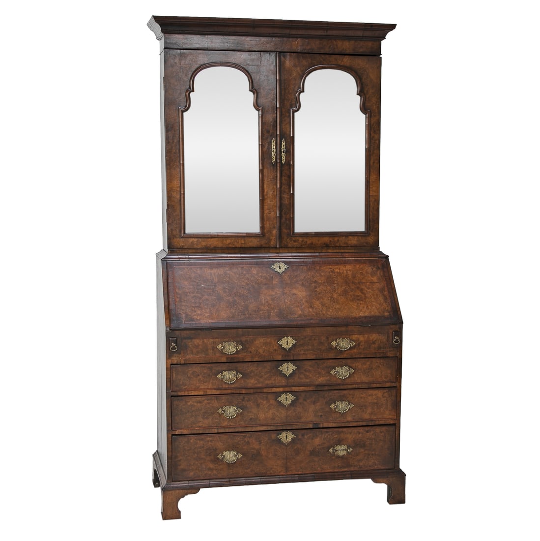 19th C. English Walnut and Burl Walnut Queen Anne Style Bureau Bookcase (1 of 9)