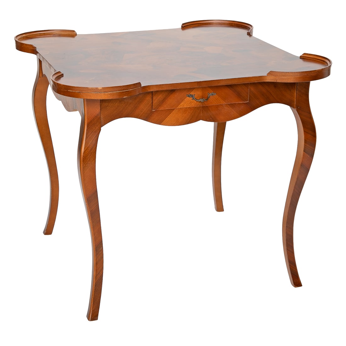Antique Italian Square Burled Top Game Table: Antique Italian Square Burled Top Game Table, Having Shaped Top Featuring Molded Rounded Edges, Top Features Unique Burl Shapes Intertwined, One Front Center Drawer Having Brass Pull, Resting on Cabri