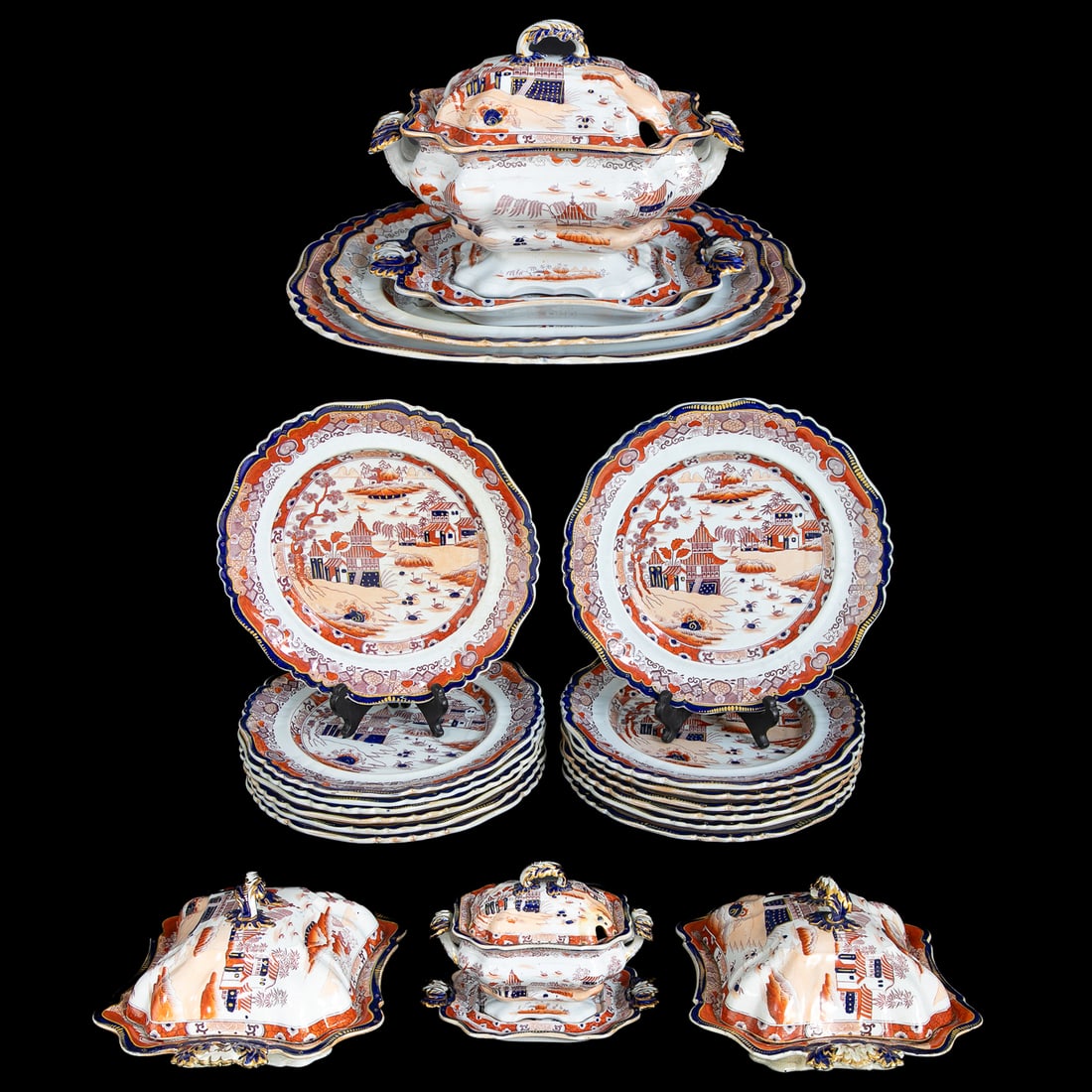 19th C. Mason's English Ironstone China Partial Dinner Service, Twenty-Seven Total Pieces: D19th C. Mason's English Ironstone China Partial Dinner Service, Twenty-Seven Total Pieces, in Willow Pattern, Center Features Village Scene with Pagodas, Floral Border, Geometric Border, Ending in Co
