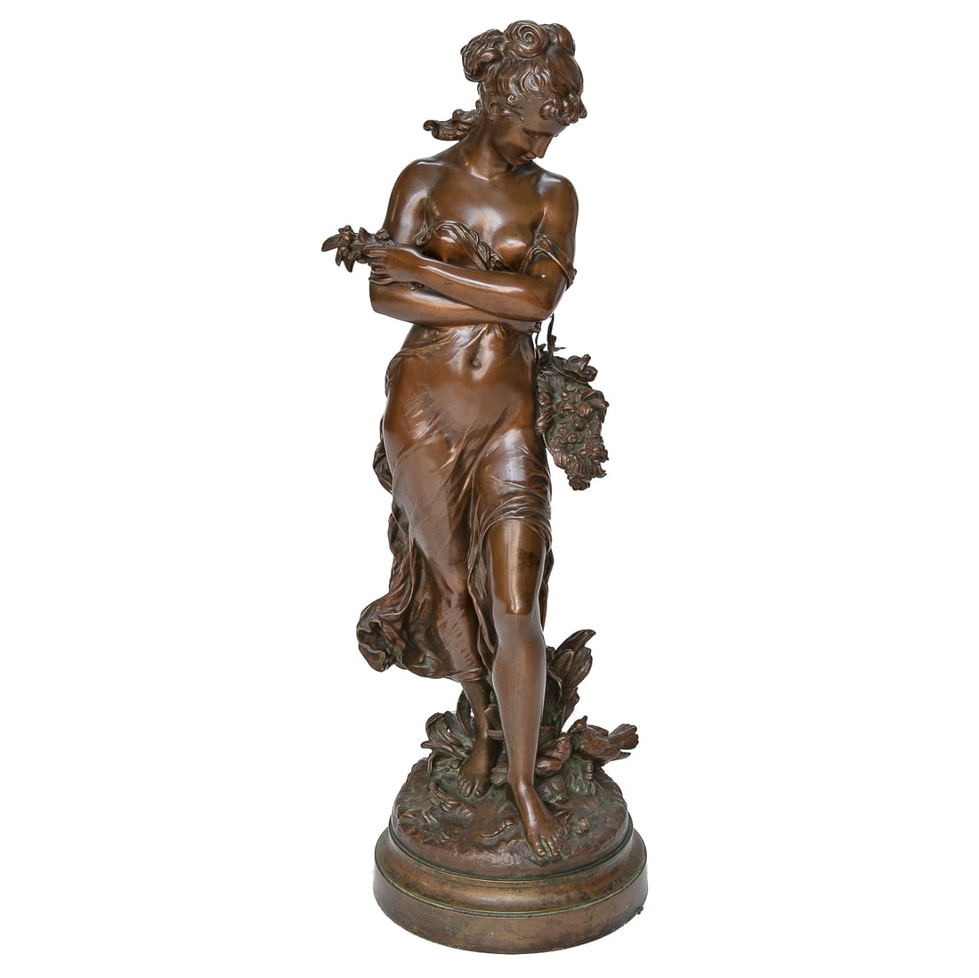 Hippolyte Francoise Moreau (French, 1832-1927) 19th C. Bronze Sculpture: Hippolyte Francoise Moreau (French, 1832-1927) 19th C. Bronze Sculpture, Depicting Young Semi Nude Female Head Down, One Exposed Breast, Clothed in Robe, Holding Flowers in One Hand and Flower Basket 