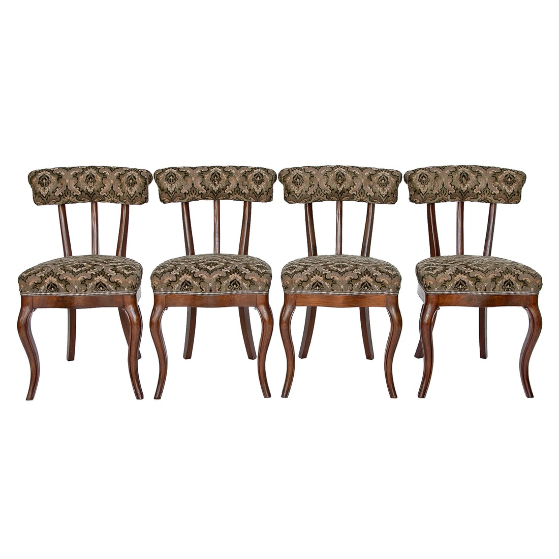 Vintage Italian Style Walnut Side Chairs, Four Total: Vintage Italian Style Walnut Side Chairs, Four Total, Having Upholstered Tufted Back Top Rail, Three Square Back Supports, Serpentine Shaped Seat, Serpentine Shaped Apron, Upholstered in Olive Green, 
