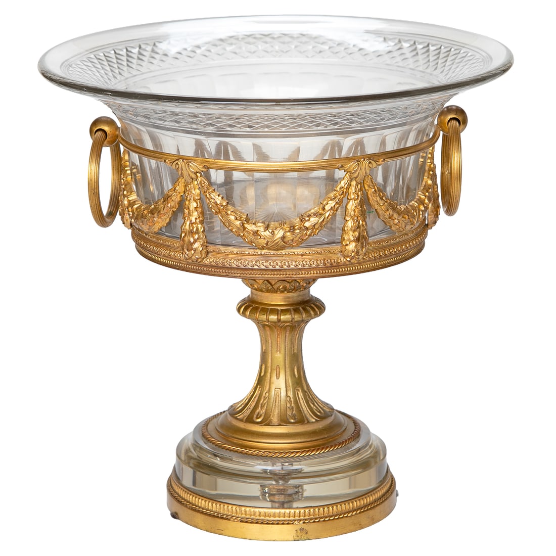 Late 19th C. French Louis XVI Style Gilt Bronze and Glass Baccarat Style Centerpiece: Late 19th C. French Louis XVI Style Gilt Bronze and Glass Baccarat Style Centerpiece, Having Centerpiece Glass Bowl Center Featuring Diamond Designs, Starburst Bottom of Bowl, Outer Body Features Ring
