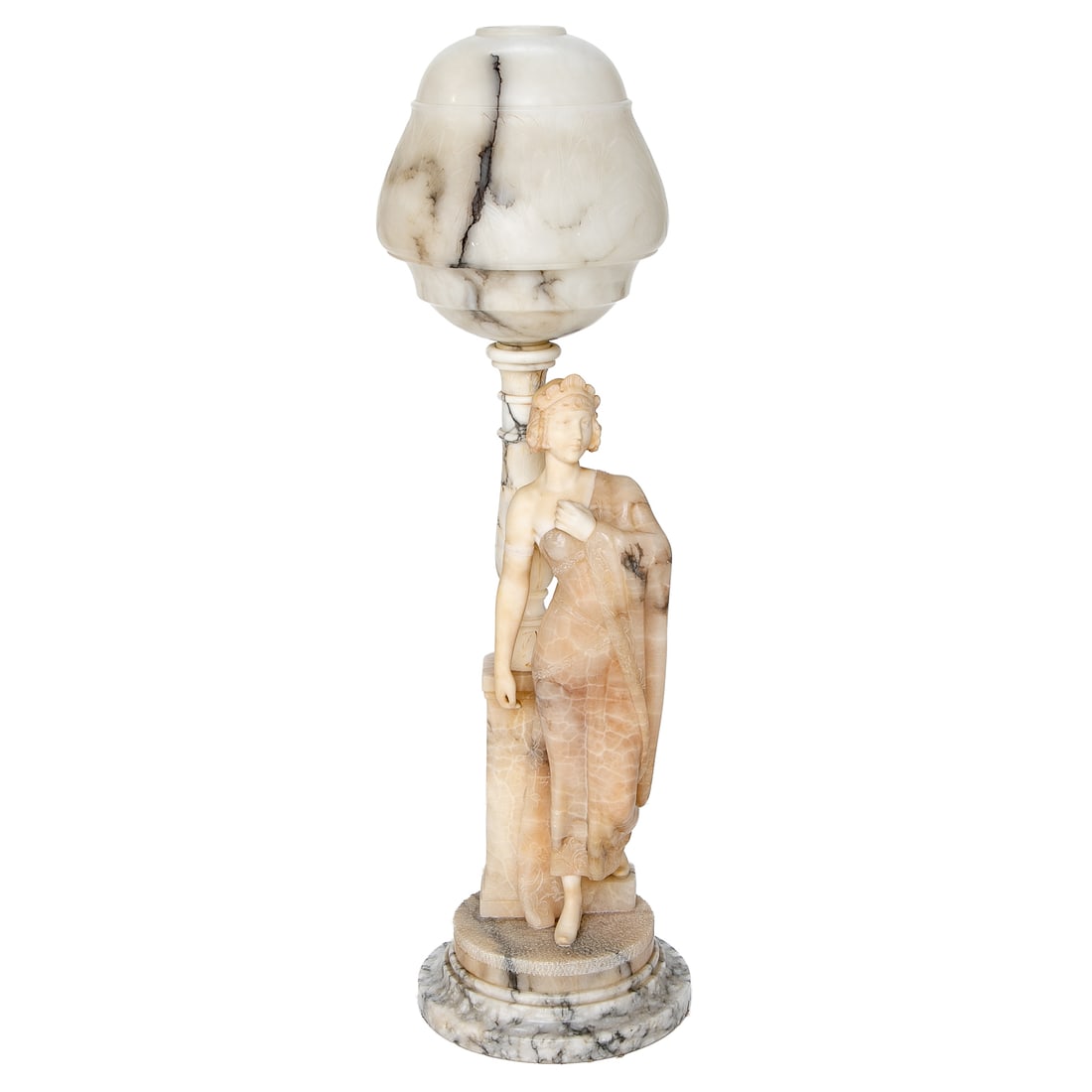 Early 20th C. Art Deco Style Alabaster Table Lamp: Beautiful Early 20th C. Art Deco Style Alabaster Table Lamp, Having Female Greco-Roman Figure Wearing Loose Dress Featuring Etched Floral Designs, Wearing Head Piece, Standing Next to Pedestal, Ground