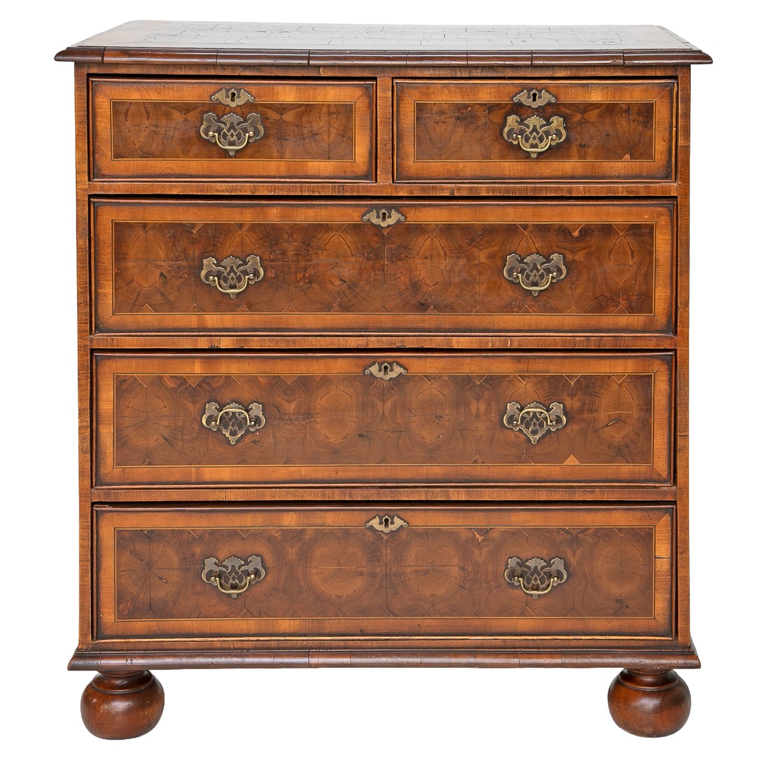 Antique Oyster Burl Yew Wood Chest: Antique Oyster Burl Yew Wood Chest, Having Oyster Burl Yew Wood Top, Cross Banded Yew Wood Edge, Two Small Drawers Over Three Full Drawers, All Having Brass Pulls and Escutcheons, All Having Oyster Bu