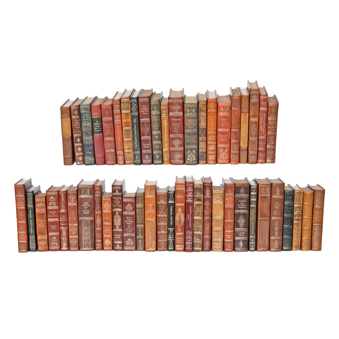 Group of Leather Bound Books, Fifty (50) Total Volumes: Group of Leather Bound Books, Fifty (50) Total Volumes, Includes Contemporary Titles, Various Color Leather Spines, All Having Leather Spines and Outer Covers, All Having Gold Tooled Titles on Spines 