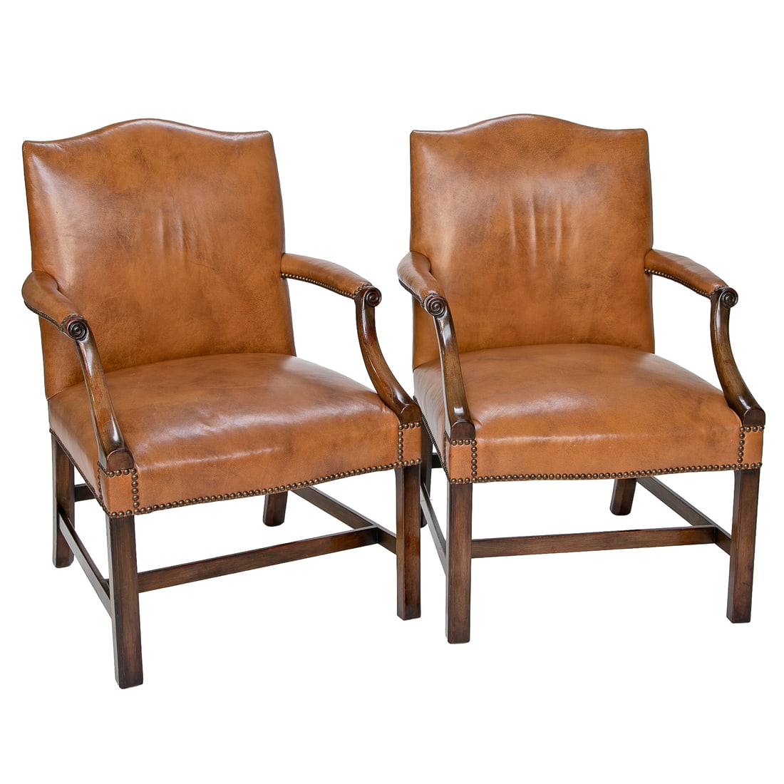 Pair of Vintage English Made Mahogany Gainsboro Style and Tobacco Leather Arm Chairs, Pair (1 of 6)