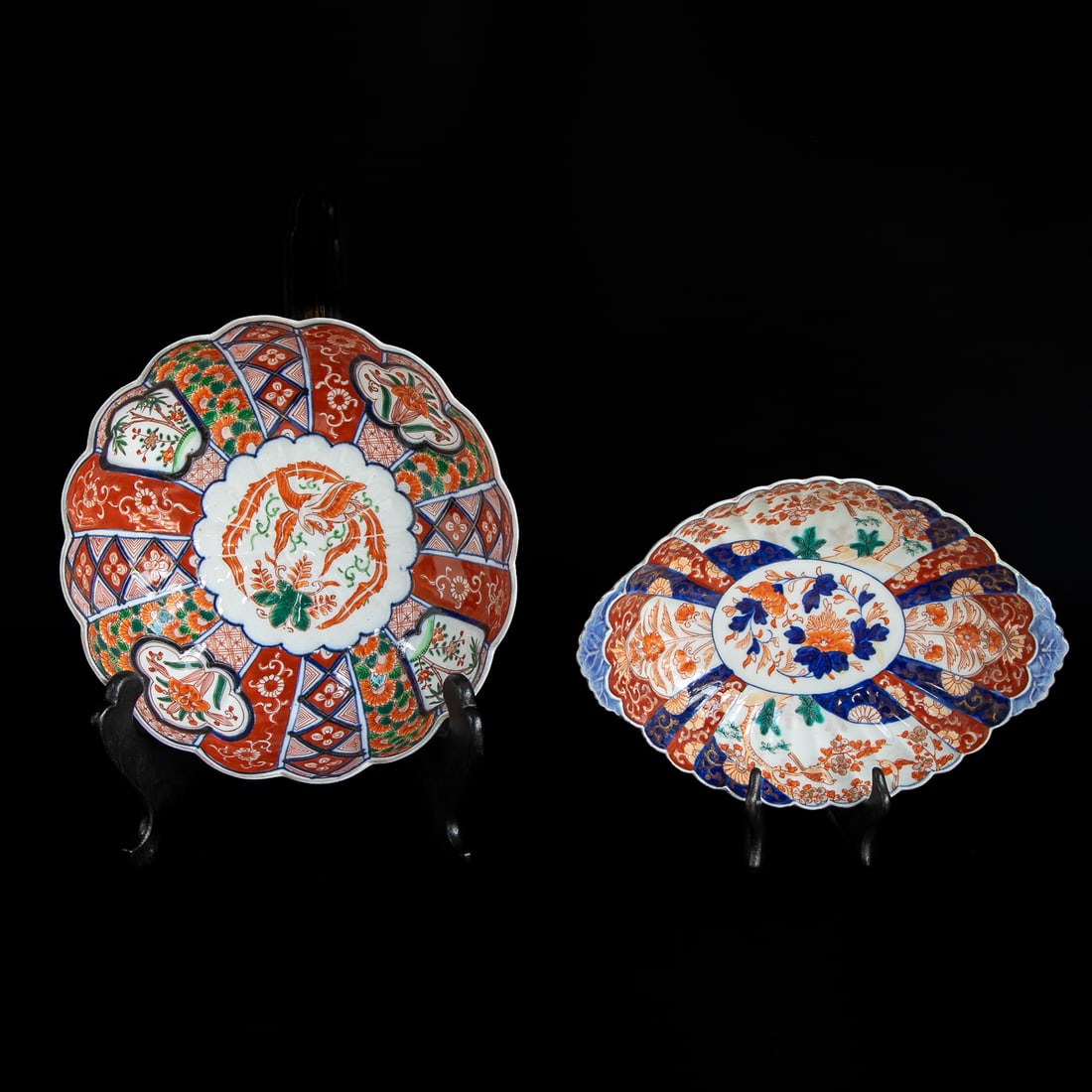 19th C. Imari Porcelain Bowls, Two Total: 19th C. Imari Porcelain Bowls, Two Total, Includes One Oval Shaped Bowl Having Scalloped Edges, Center Features Bittersweet and Cobalt Blue Floral Designs, Surrounded by Two Floral and Bird Panels at 