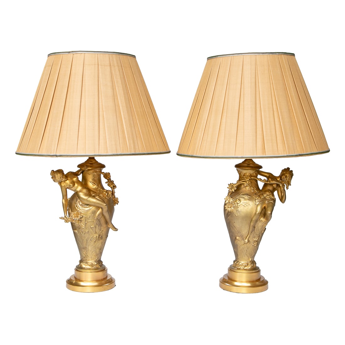 L & F Moreau French Gilt Bronze Art Nouveau Vases Converted Into Table Lamps, Pair: L & F Moreau French Gilt Bronze Art Nouveau Vases Converted Into Table Lamps, Pair, Having Urn Form, Young Semi Nude Female Attached to Sides, Draped in Cloth on Lower Body, Holding Floral and Leaf Sw