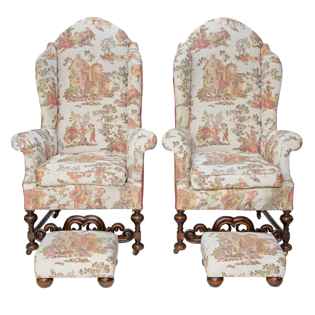 Late 19th C. English Walnut William and Mary Style Wing Back Armchairs, Pair,: Late 19th C. English Walnut William and Mary Style Wing Back Armchairs, Pair, Having Dome Shape Top, Shaped Wings, Roll Arms, Resting on Turned Front Legs and Bun Feet, Scroll Form Carved Front Suppor