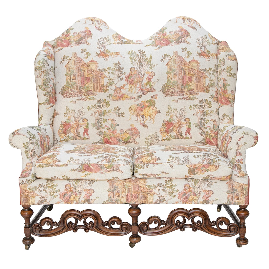 Late 19th C. English Walnut William and Mary Style Wing Back Settee: Late 19th C. English Walnut William and Mary Style Wing Back Settee, Having Double Dome Top Back, Shaped Wings, Roll Arms, Resting on Turned Front Legs, Double Carved Scroll Form Front Stretcher, Box 