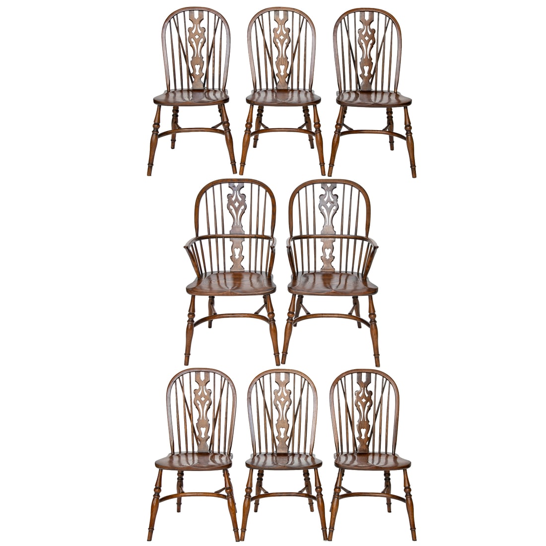 Custom English Bench Made Reproduction Windsor Dining Chairs, Eight Total: Custom English Bench Made Reproduction Windsor Dining Chairs, Eight Total, Having Dome Shape Top, Pierced Carved Splat, Flanked by Long Spindles, Shaped Saddle Style Seat For Comfort, Resting on Turne