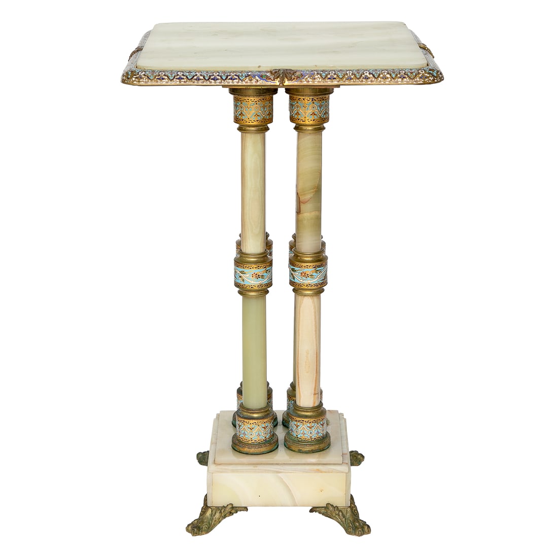 Late 19th C. French Onyx and Champleve Enamel Side Table: Late 19th C. French Onyx and Champleve Enamel Side Table, Having Square Green Onyx Top, Surrounded by Champleve Multi Color Designs, Bronze Leaf Designs in Centers, Four Green Onyx Columnar Supports, 