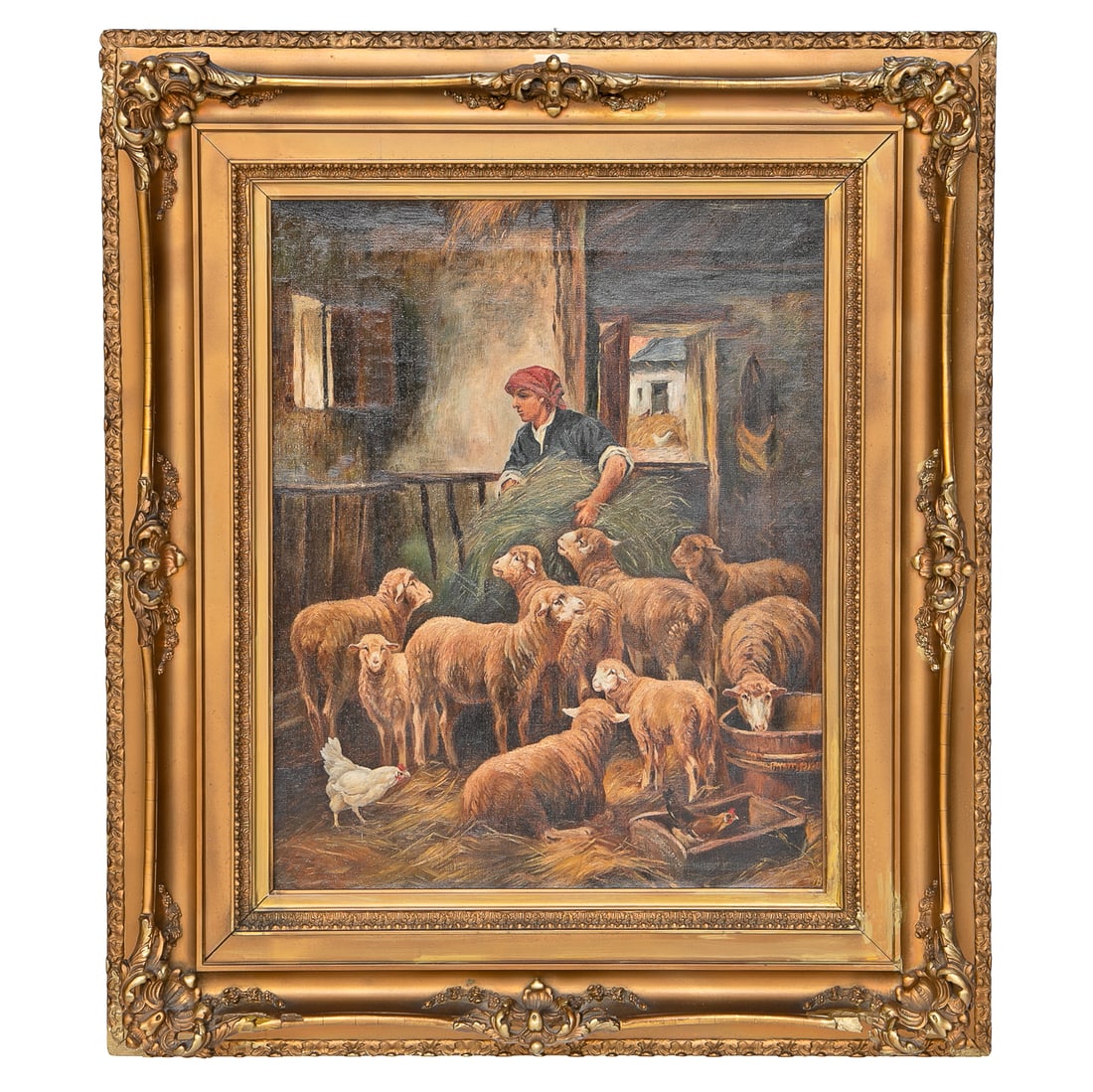 Vintage Shepherd Scene, Oil on Canvas: Vintage Shepherd Scene, Oil on Canvas, Depicting Shepherd Providing Hay to His Sheep in Barn, Signed Lower Right, Housed in Burnished Gold Leaf Frame Featuring Carved Corners and Centers. 29" High, 25