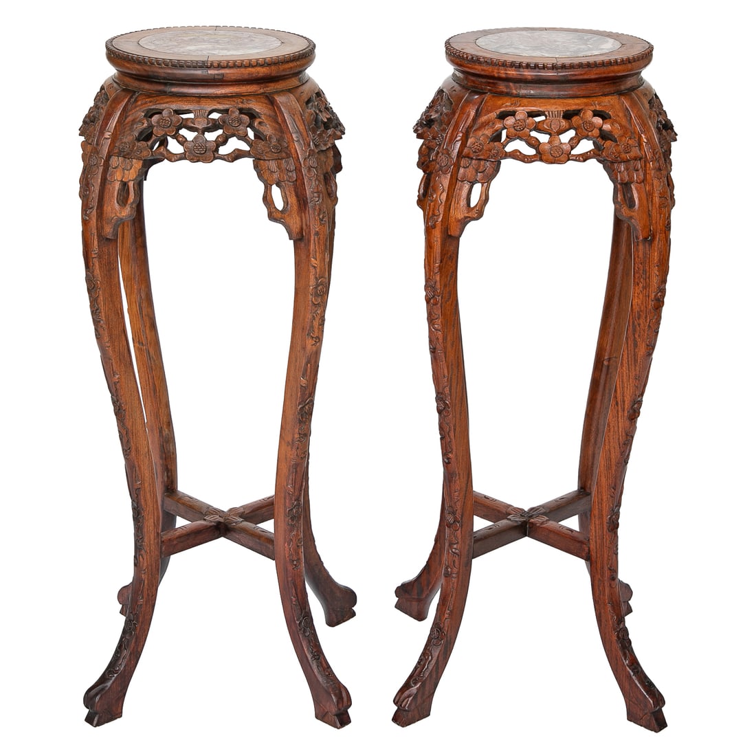 Unusual Late 19th C. Carved Teak Wood Marble Top Stands, Pair: Unusual Late 19th C. Carved Teak Wood Marble Top Stands, Pair, Having Rouge Circular Marble Inset Tops, Bead Carved Edges, Pierced Carved Lotus Flower Aprons, Resting on Carved Lotus Flower Cabriole L
