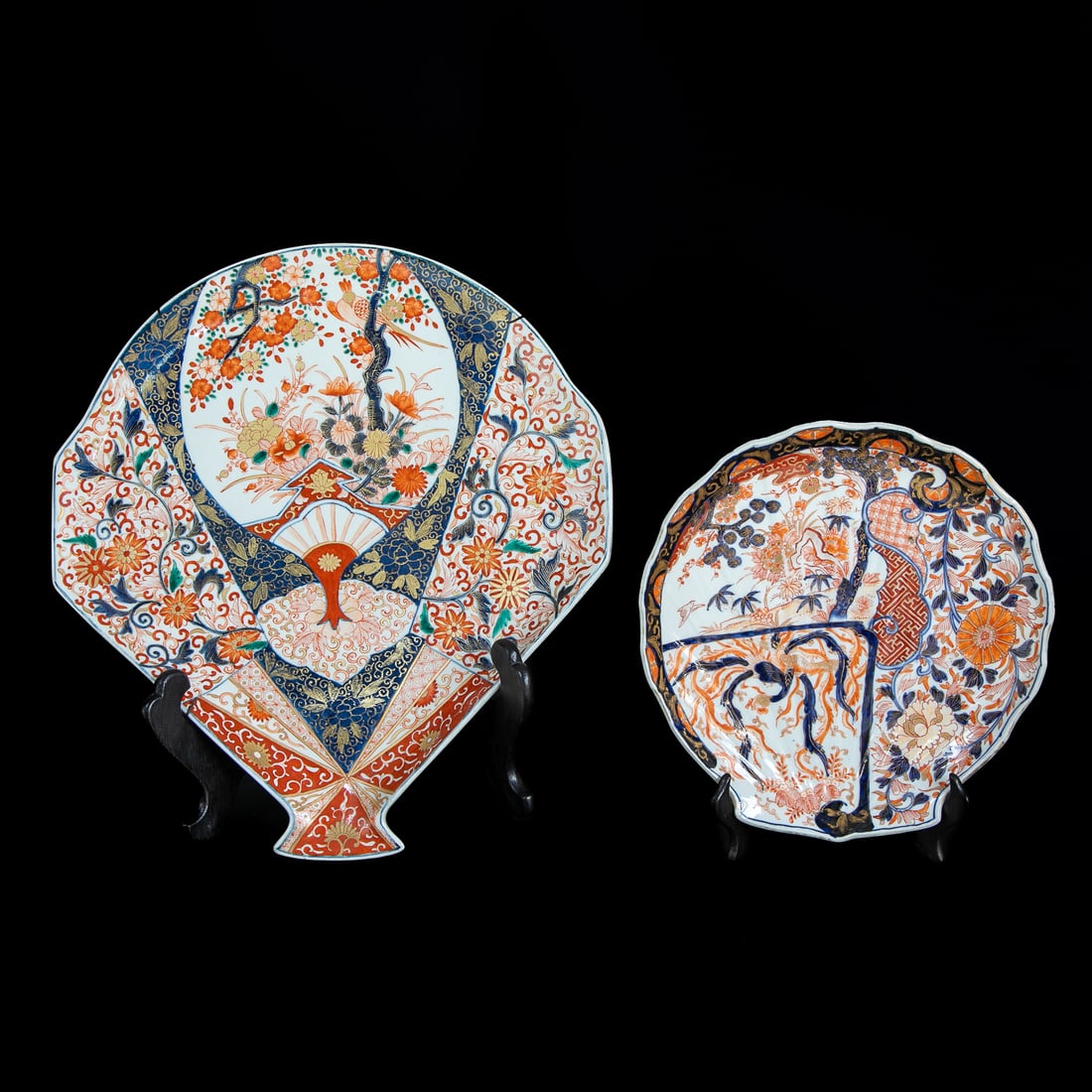 Late 19th C. Japanese Imari Fan Shape Plates, Two Total Pieces: Late 19th C. Japanese Imari Fan Shape Plates, Two Total Pieces, Includes One Large Fan Shape Plate Having Fan Shape Panel in Center Featuring Tree and Bird and Floral Designs, Cobalt Background, Flank