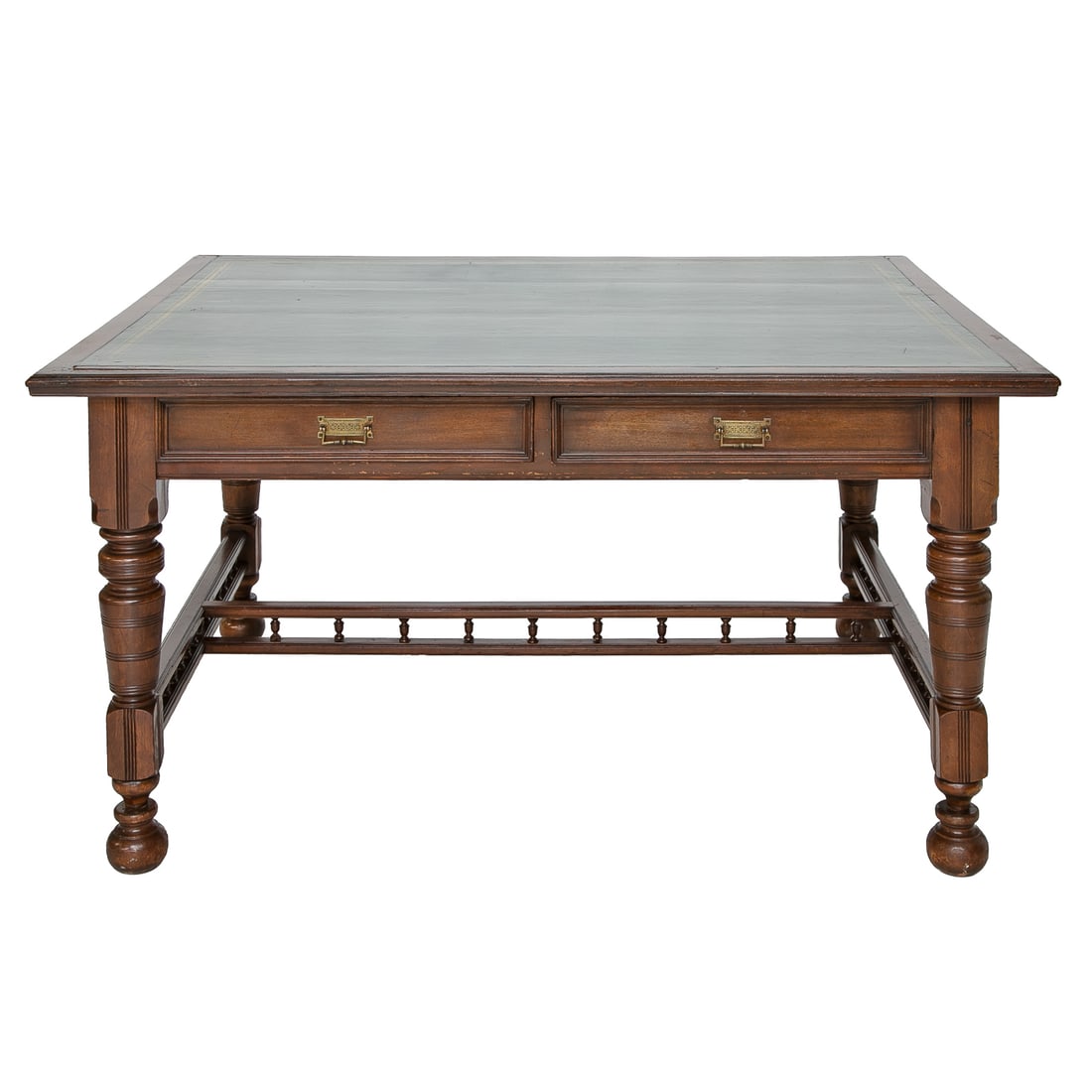 Antique English Mahogany Writing Desk: Antique English Mahogany Writing Desk, Having Emerald Green Gold Tooled Leather Inset Top, Molded Edges, Two Small Drawers on Front Side Featuring Brass Pulls, Plain Back Side, Resting on Turned Taper