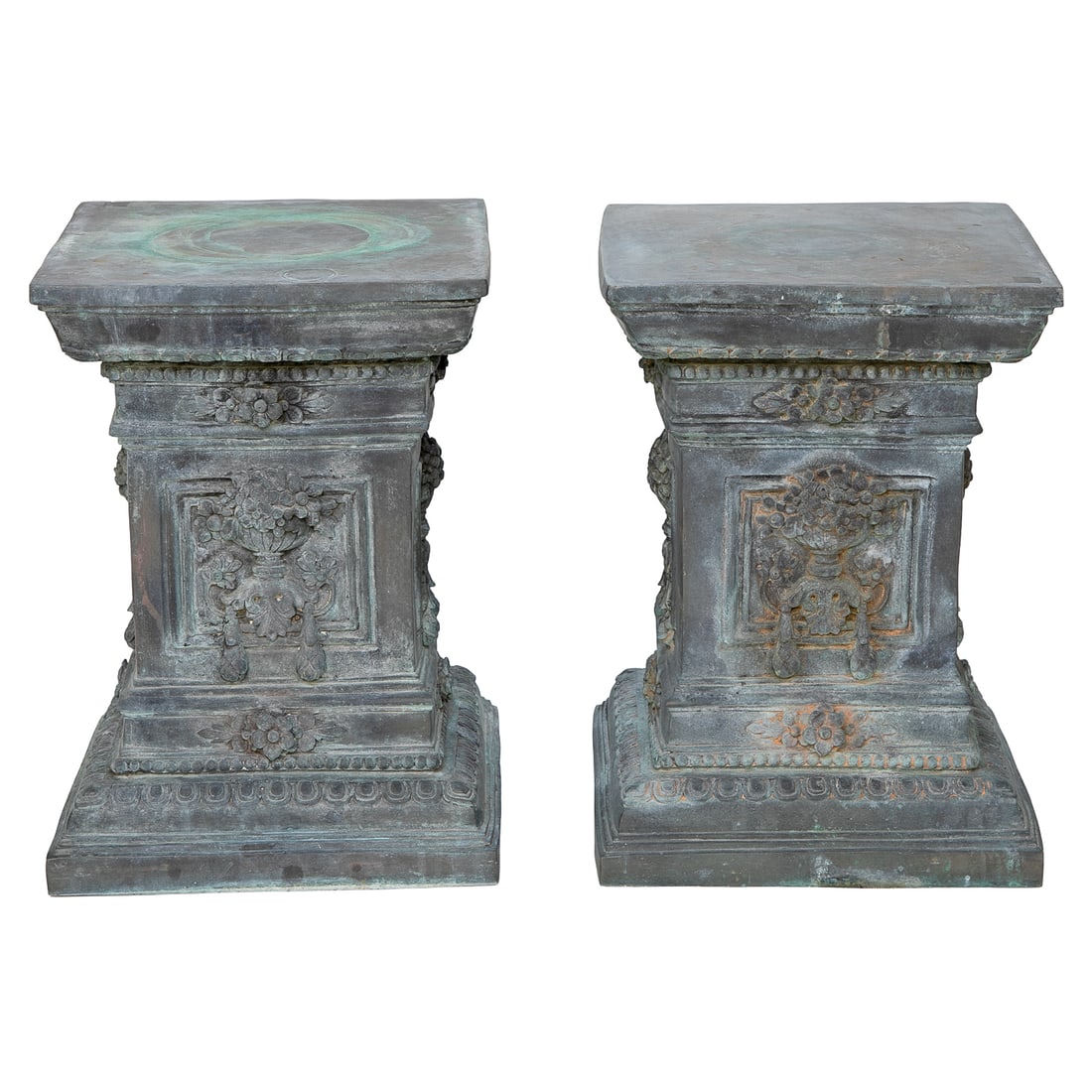 Verde Bronze Square Pedestals, Pair: Verde Bronze Square Pedestals, Pair, Having Square Tops, Urn Form Featuring Floral Design Atop Floral Swags on Each Side Inside Square Panel, Floral Designs Above and Below, Beaded Edge, Egg and Dart 