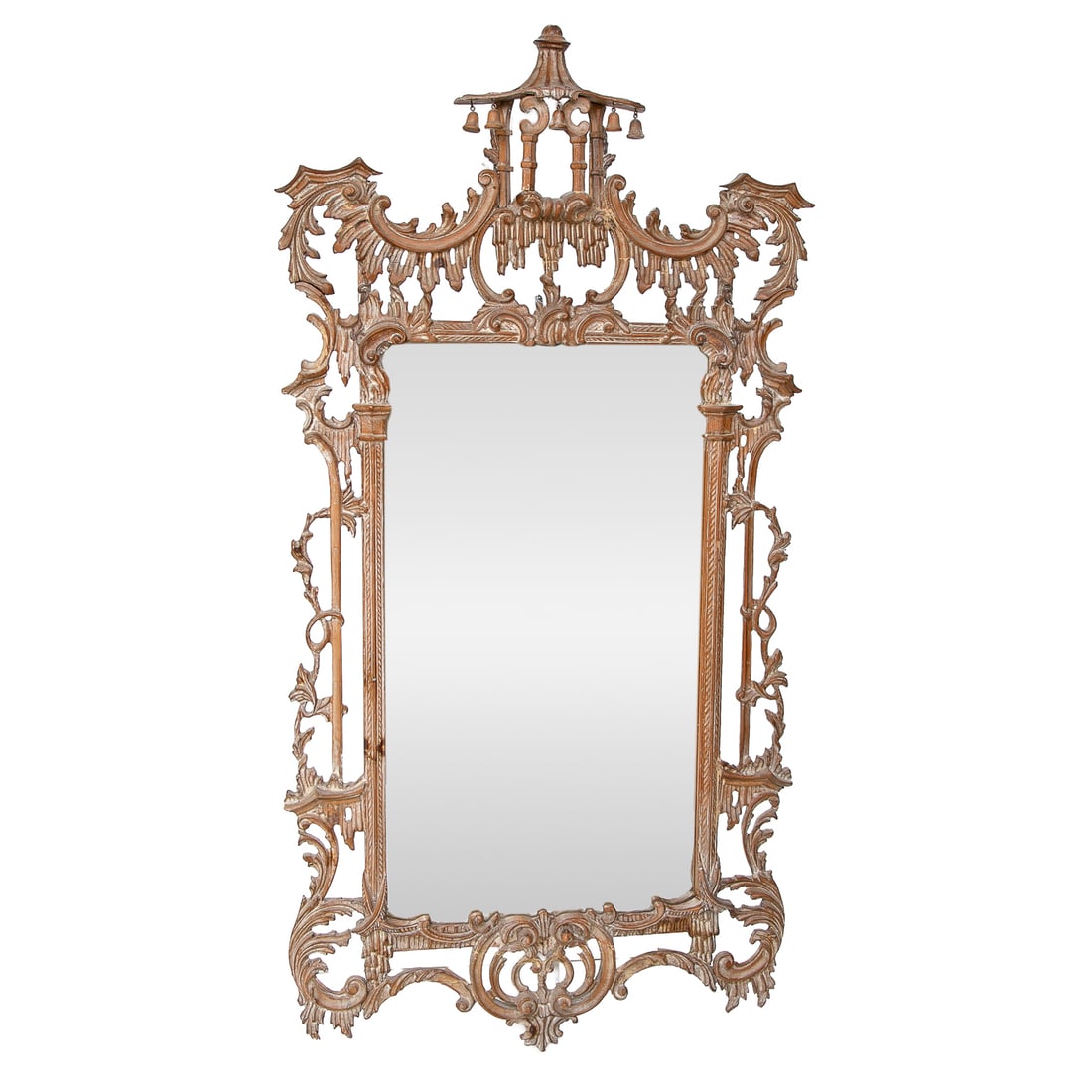 Vintage Carved Wood Chippendale Style Wall Mirror: Vintage Carved Wood Chippendale Style Wall Mirror, Having Distressed Finish, Pagoda Top Center with Hanging Bells, Flanked by Detailed Scroll and Leaf Form Carvings, Pierced Carved Sides Featuring Lea