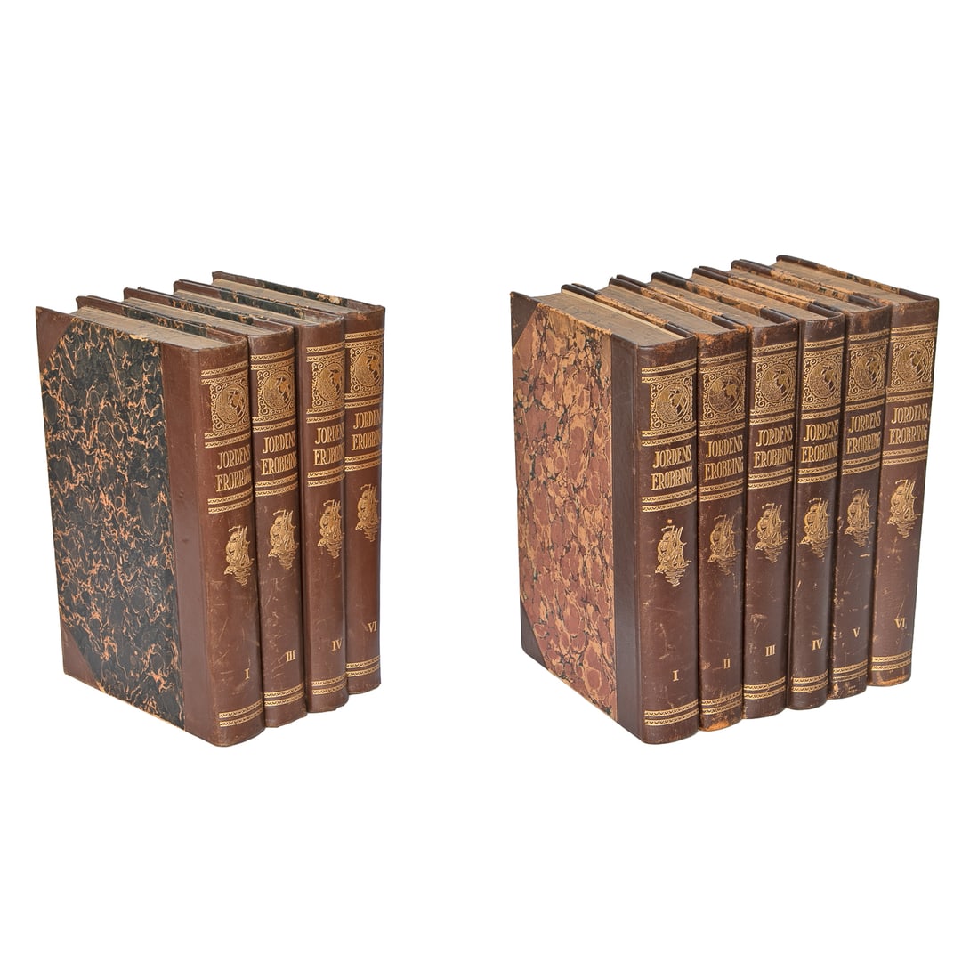 Group of Jordens Erobring Leather Bound Books, Ten Total Volumes: Group of Jordens Erobring Leather Bound Books, Ten Total Volumes, Oslo; 1930-1932, Volumes I, III, IV, and VI, Having Chocolate Brown Spines Featuring Gold Tooled Globe and Boats, Dark Marbled Outer, 