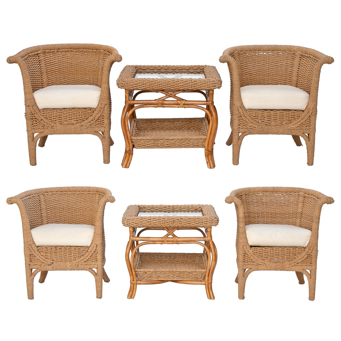 Vintage Italian Smania Furniture Company Rope Furniture, Six Pieces Total: Vintage Italian Smania Furniture Company Rope Furniture, Six Pieces Total, Includes Four Barrel Back Rope Chairs, Accompanied by Tan Loose Seat Cushions, 31" High, 30" Wide, 23" Deep; Seat Height-20";