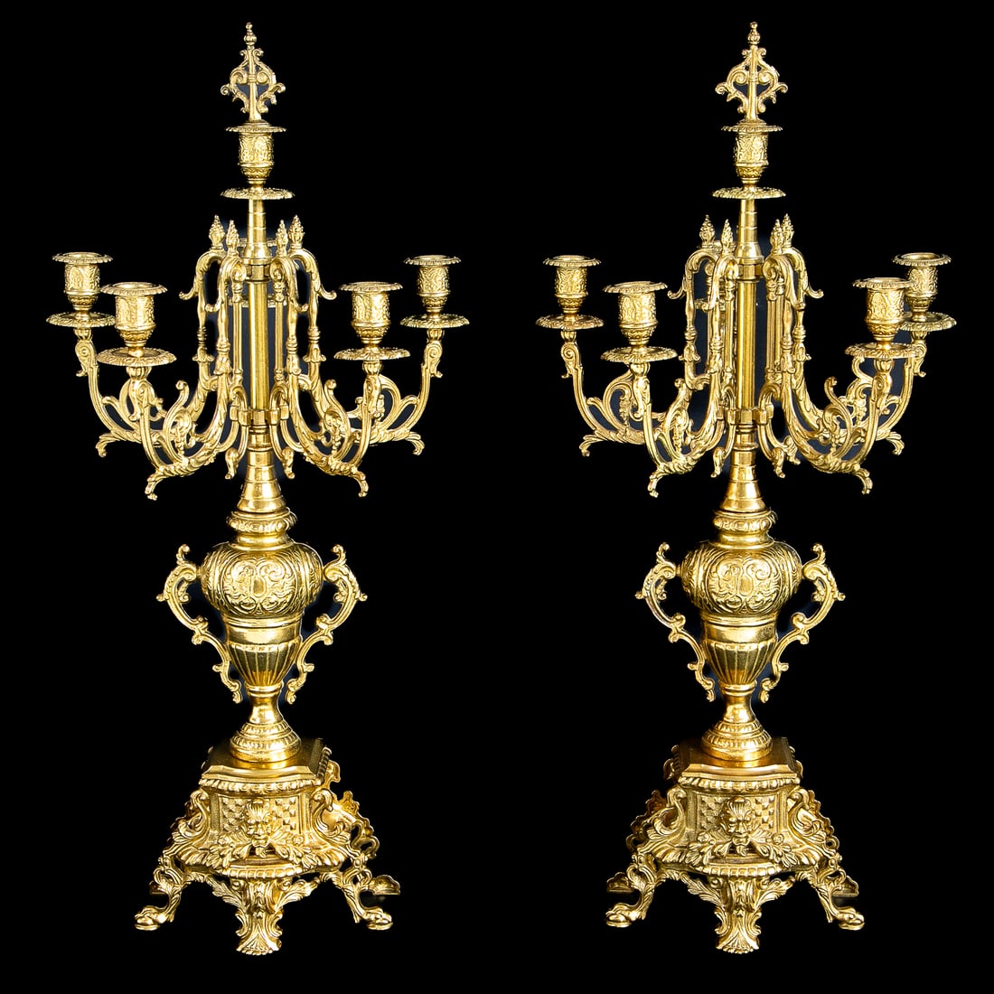 Vintage Italian Rococo Style Six Light Brass Candelabra, Pair (1 of 8)