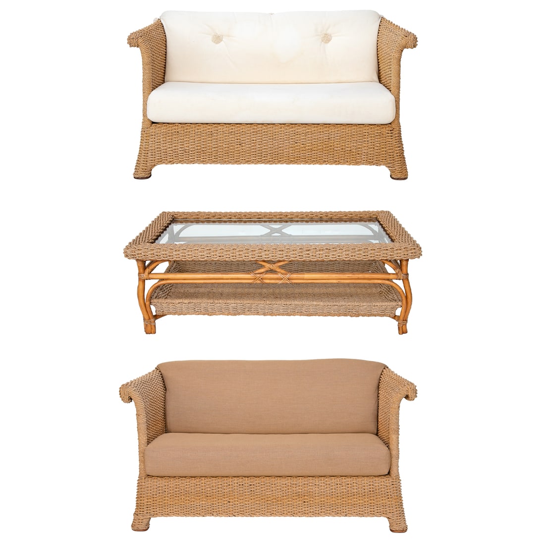 Vintage Italian Smania Furniture Company Rope Furniture, Three Pieces Total: Vintage Italian Smania Furniture Company Rope Furniture, Three Pieces Total, Includes Two Love Seats, One Having Brown and Tan Striped Upholstered Back and Loose Seat Cushion; Along with One Having Iv