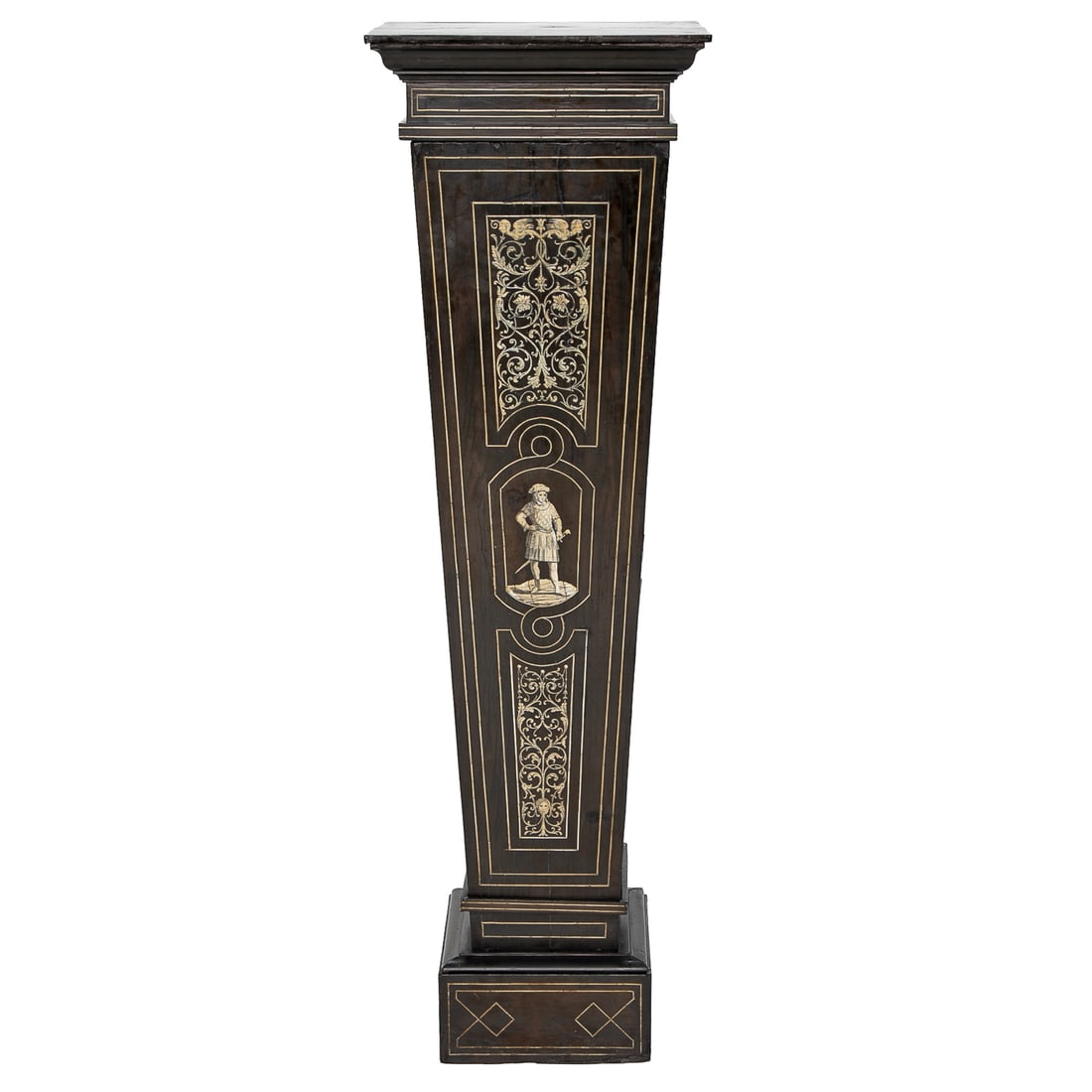 Vintage Italian Milanese Style Inlaid Ebonzied Fruit Wood Pedestal: Vintage Italian Milanese Style Inlaid Ebonzied Fruit Wood Pedestal, Having Square Detachable Top Featuring Bone Style String Inlays, Square Tapered Body, Sides Feature String Inlays, Front Depicts Mar