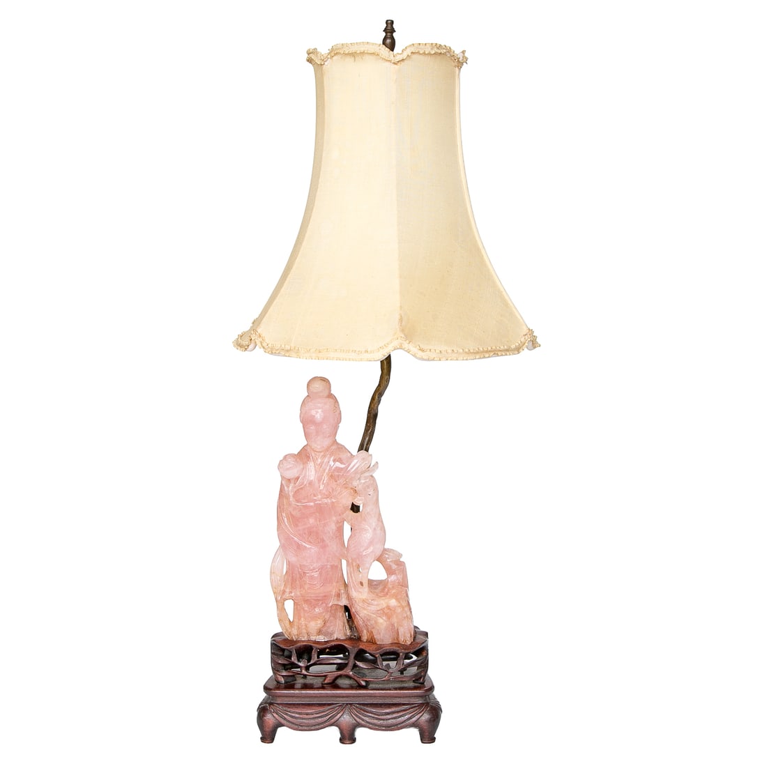 Late 19th C. Carved Rose Quartz Chinese Table Lamp: Late 19th C. Carved Rose Quartz Chinese Table Lamp, Depicting Female in Robe Holding Flower Standing Next to Peacock Perched on Branch Form, Resting on Carved Pierced Teak Wood Base, Terminating in Ca