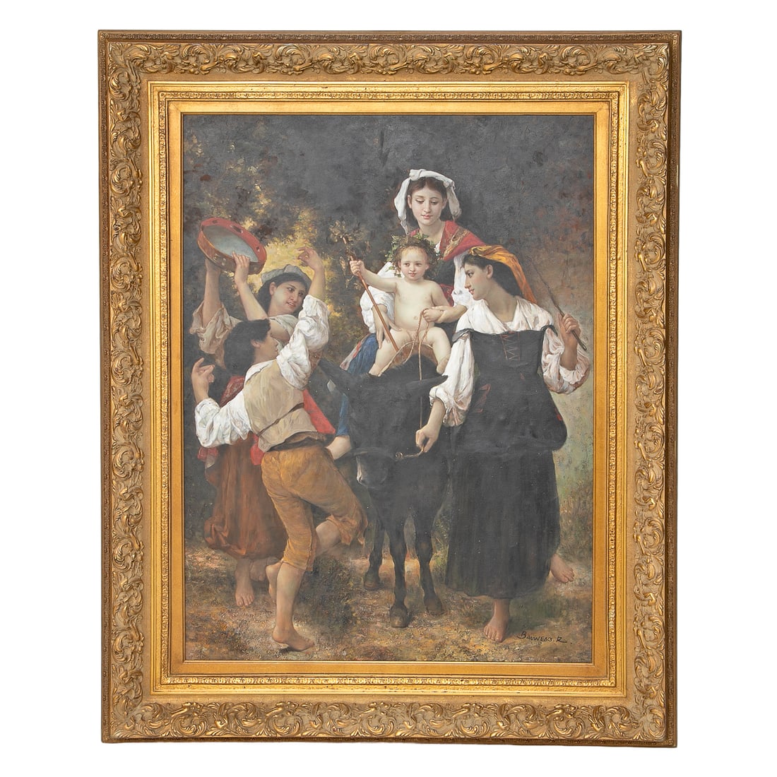 Village People Marching Through Town Scene, Oil on Canvas: Village People Marching Through Town Scene, Oil on Canvas, Depicting Mother and Child Riding into Town on Donkey, Young People Surrounding Them One Dancing and One Playing Tambourine, Signed Lower Rig