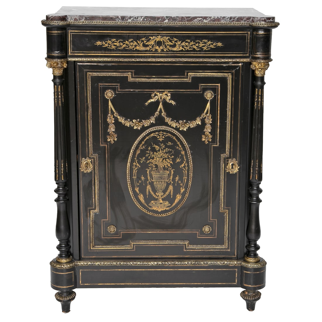 Antique French Ebonized Wood Napoleon III Style Marble Top Pier Cabinet: Antique French Ebonized Wood Napoleon III Style Marble Top Pier Cabinet, Having Dark Marble Top Featuring Rounded Front Corners, Brass Bound Edge, Sides Feature Brass String Inlays, Front Center Top F