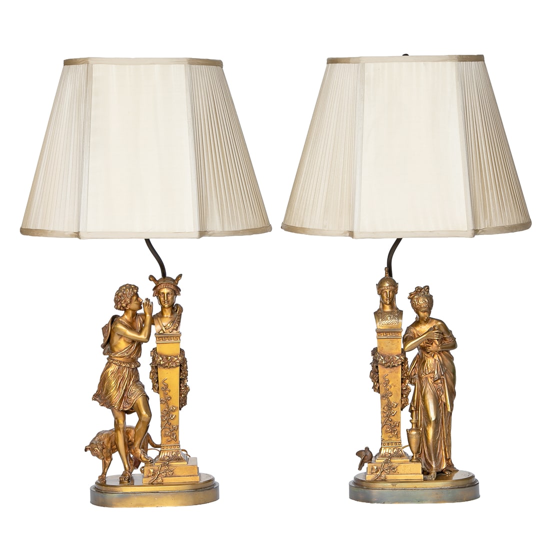 Antique E. Laurent Gilt Bronze Roman Mythological Style Table Lamps, Pair: Antique E. Laurent Gilt Bronze Roman Mythological Style Table Lamps, Pair, One Having Male Roman Figure Standing by Dog Whispering in the Ear of Mercury's Bust on a Pedestal Covered in Ivy Swags and V