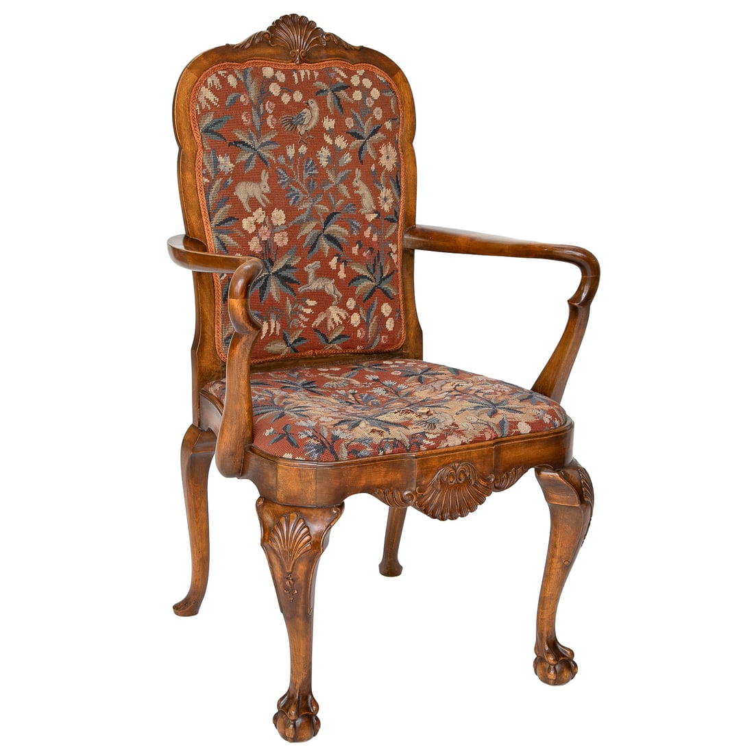 Late 19th C. English Walnut Georgian Style Arm Chair: Late 19th C. English Walnut Georgian Style Arm Chair, Having Shell Carved Center Shaped Top Rail Flanked by Carved Acanthus Leaves, Shepherd Crook Arms, Shaped Seat, Shell and Leaf Carved Apron, Resti