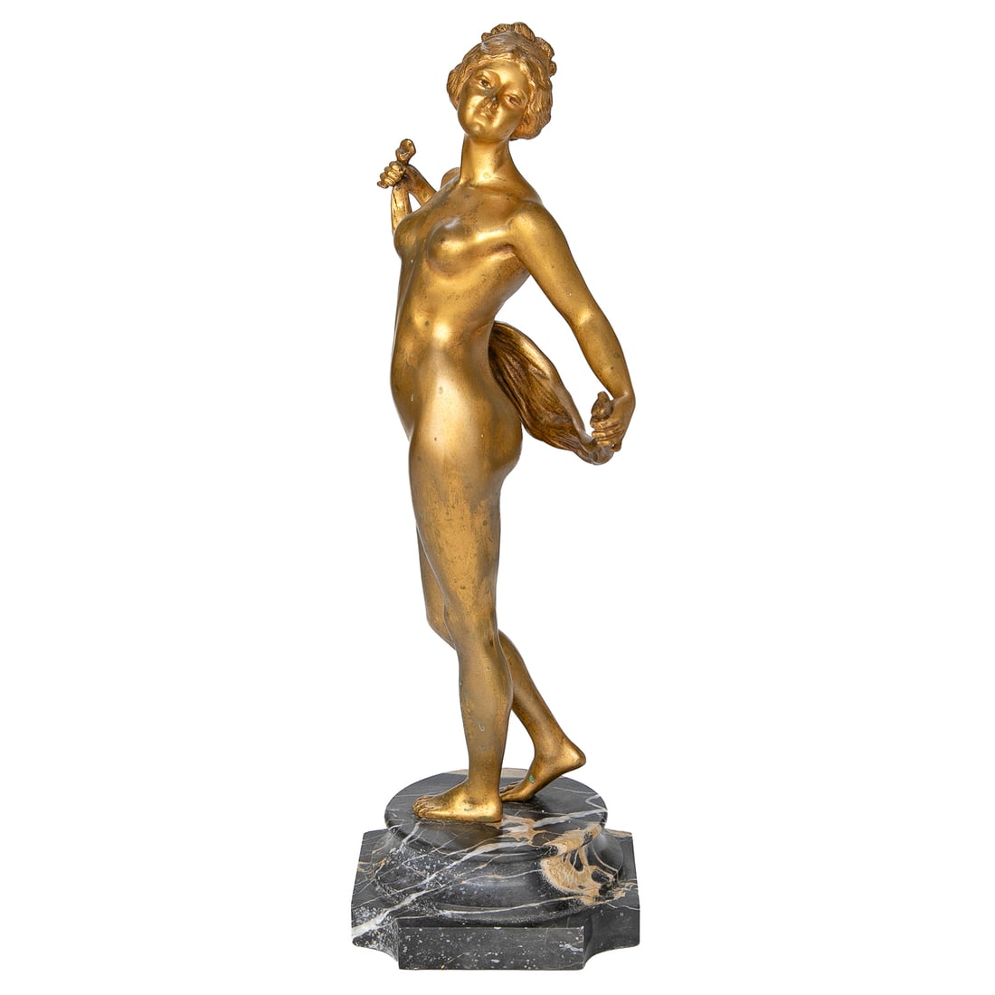 French Art Nouveau Gilt Bonze Sculpture Depicting Female Nude: French Art Nouveau Gilt Bronze Sculpture Depicting Female Nude, Nude Female Holding Swag of Cloth, Signed France on Under Side of Cloth, Resting on Circular Marble Bottom, Terminating in Shaped Marble