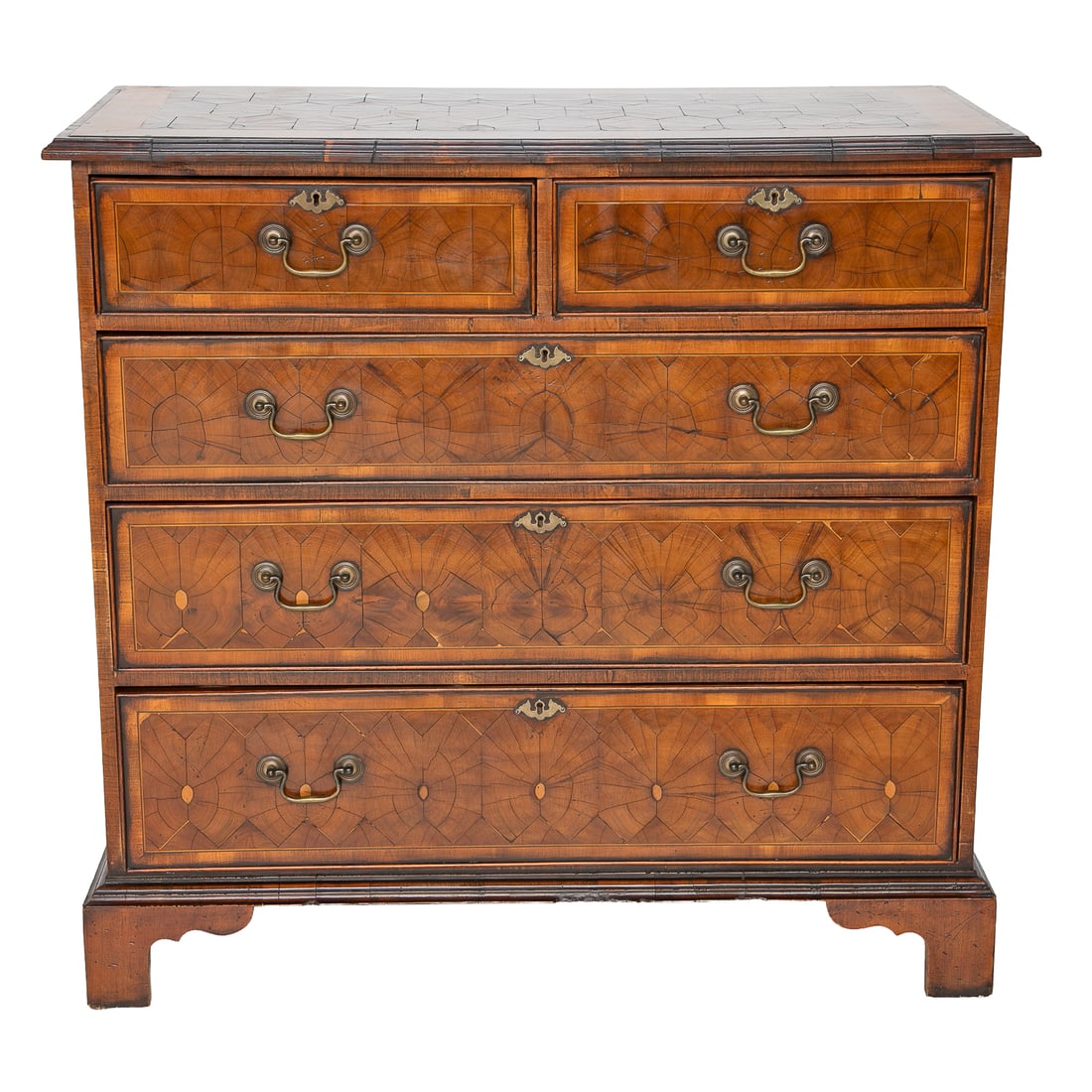 Antique Oyster Burl Yew Wood Chest: Antique Oyster Burl Yew Wood Chest, Older Carcass Re Veneered, Having Oyster Burl Yew Wood Top, Yew Wood Cross Banded Edge, Two Small Drawers Over Three Full Graduated Drawers, All Having Brass Bail P
