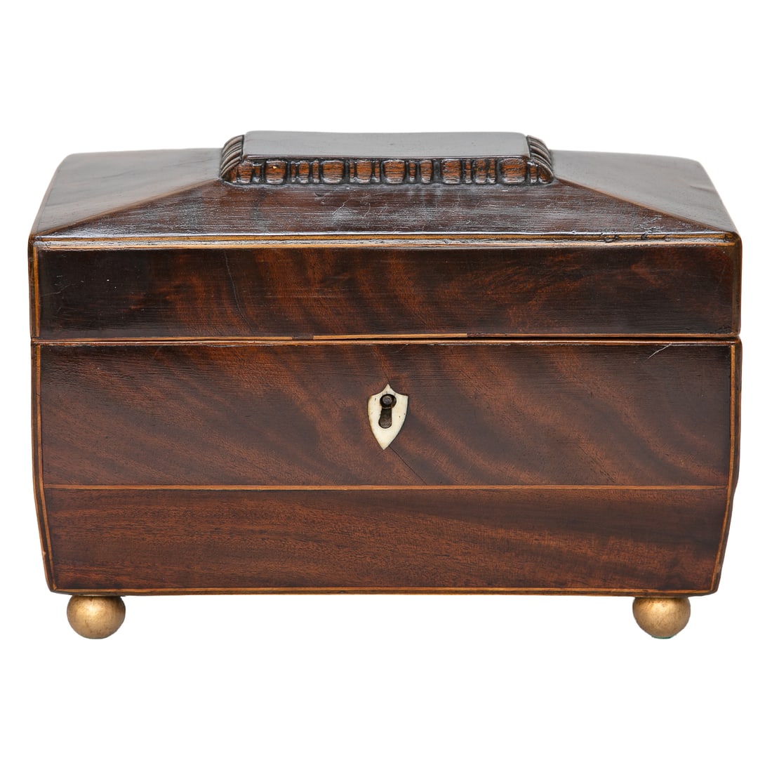 Late 19th C. English Mahogany Regency Style Tea Caddy: Late 19th C. English Mahogany Regency Style Tea Caddy, Having Sarcophagus Shape Top Featuring Carved Edge, Satinwood String Inlaid Edges, Bone Escutcheon, Interior Reveals Two Tea Compartments Featuri