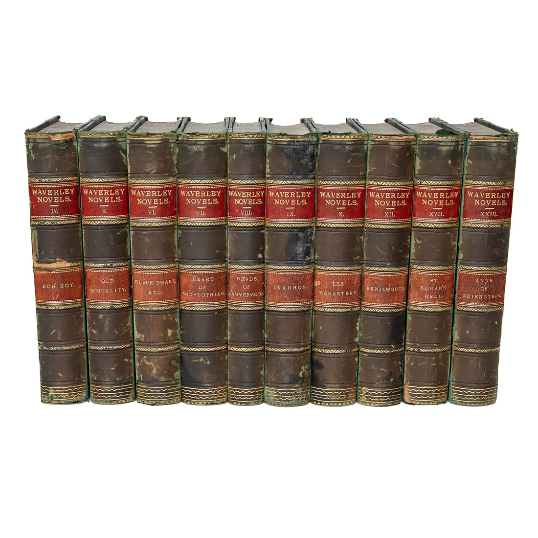 Mid-19th C. Set of 10 Waverley Novels by Sir Walter Scott: Mid-19th C. Set of 10 Waverley Novels by Sir Walter Scott, Published by Adam and Charles Black, Edinburgh, 1857, Having Green Half-Leather Bindings with Gold Tooled Spines and Marbled Edges. Used Heav