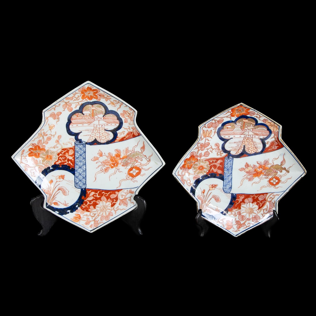 Late 19th C. Japanese Imari Shaped Plates, Companion Pair: Late 19th C. Japanese Imari Shaped Plates, Companion Pair. Having Unusual Geometric Shape, Exterior Having Cobalt Blue Floral Designs, Interiors Having Cobalt Blue Scroll, Design Form Scroll is Bitter