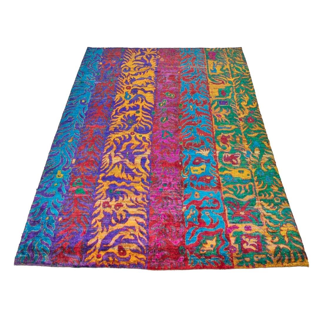 9'1" X 12'6" Contemporary Rug: 9'1" X 12'6" Contemporary Rug, Having Bright, Vibrant Stripes Featuring Vine and Leaf Patterns, in Turquoise, Gold, Hot Pink, Emerald Green, Red and Violet, Very Unique and Unusual, Makes a Definite S