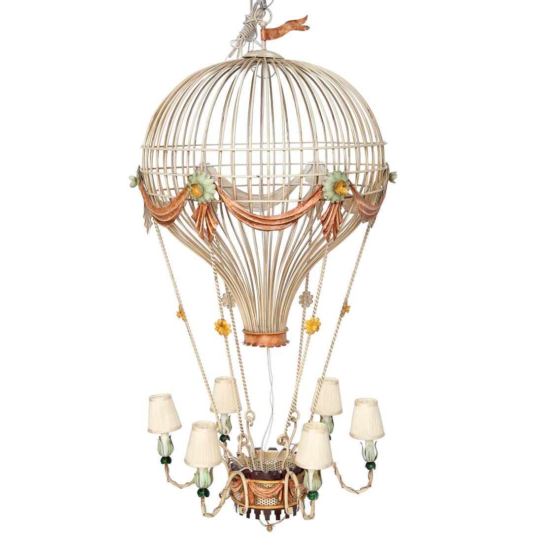 Vintage Italian Tole Six Light Hot Air Balloon Chandelier: Vintage Italian Tole Six Light Hot Air Balloon Chandelier, Having Rust Color Flag at Top, Ivory Body, Rust Swags Featuring Pale Green Flowers and Yellow Centers, Twisted Side Supports Featuring Yellow