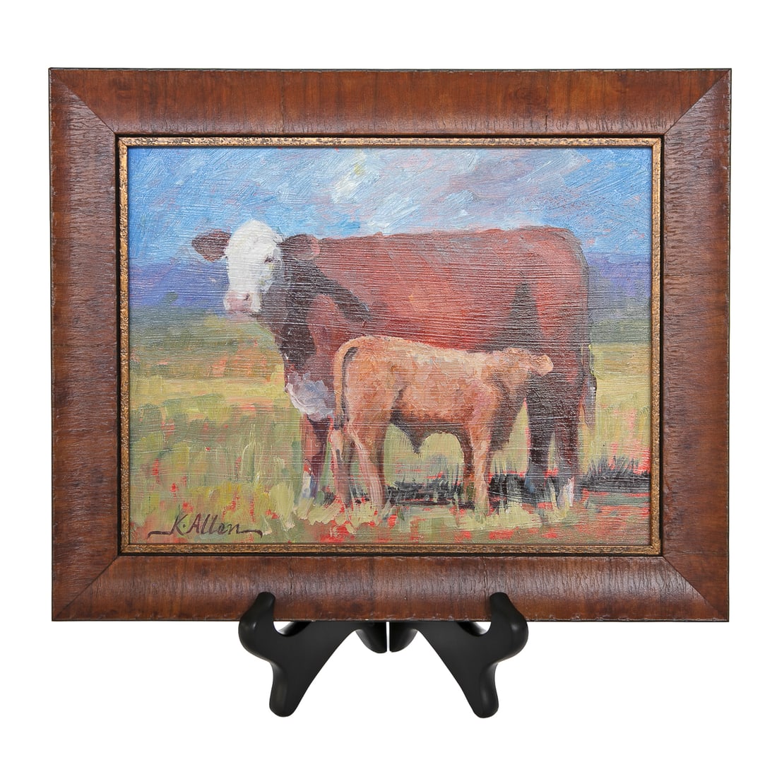 Cow Scene, Oil on Canvas: Cow Scene, Oil on Canvas, Depicting Brown Cow and Lighter Brown Calf, Standing in Pasture, Signed K. Allen Lower Left, Housed in Simple Wood Frame Featuring Burnished Gold Border. 10" High, 12.25" Wid