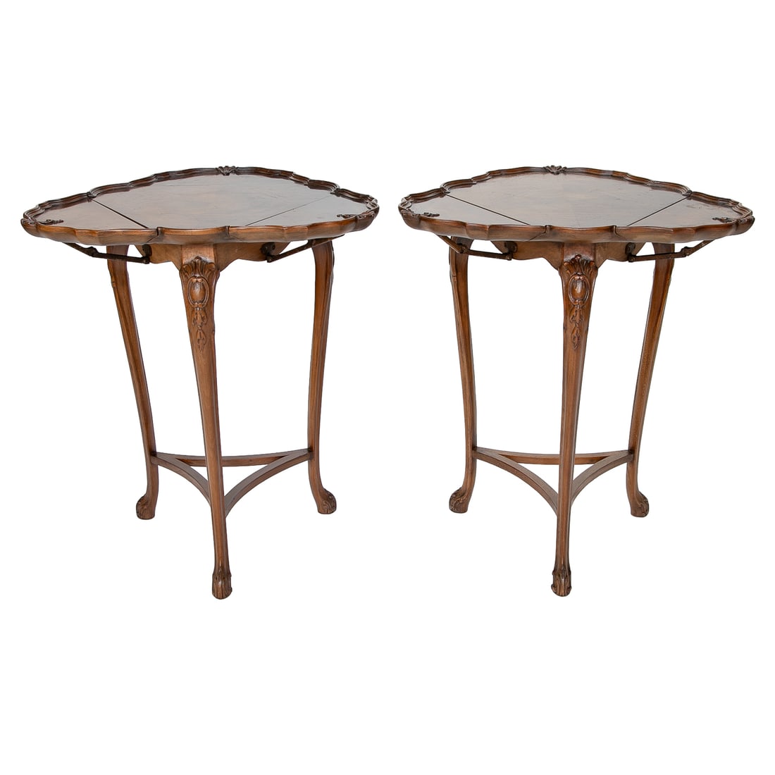 Late 19th C. English Walnut Triangular Drop Leaf Side Tables, Pair: Late 19th C. English Walnut Triangular Drop Leaf Side Tables, Pair, Having Molded Edges, Hinged Drop Leaves Having Molded Edges, Shell Carved Centers, Resting on Cabriole Legs Featuring Leaf and Bell 