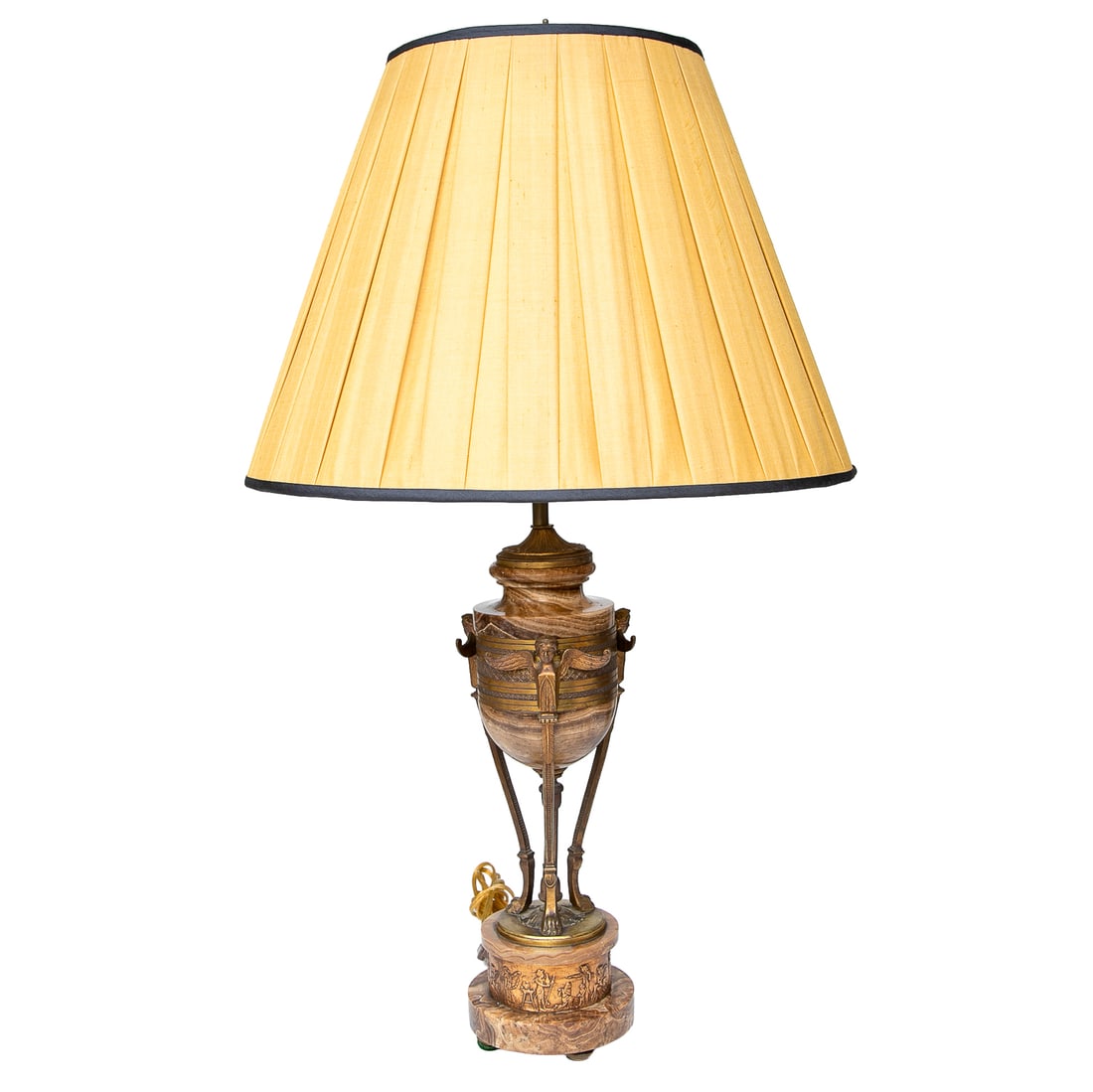 Antique French Louis XVI Style Bronze and Onyx Table Lamp: Antique French Louis XVI Style Bronze and Onyx Table Lamp, Having Brown Onyx Urn Form Center, Featuring Male Mask Winged Putti Extending to Paw Feet, Bronze Banding, Fluted Lower Center Support, Resti